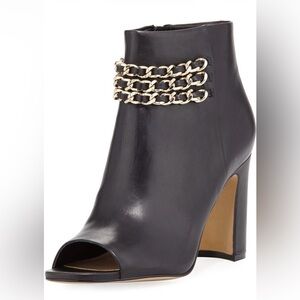 Karl Lagerfeld Elora Black Open Toe Leather Boots with Gold Chain Ankle, Size 8
